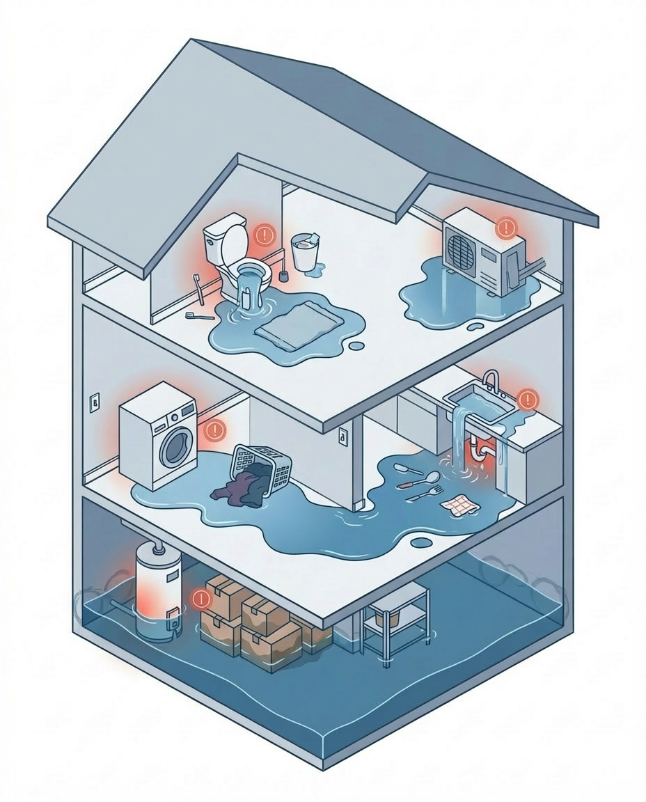 Isometric house showing common water damage areas